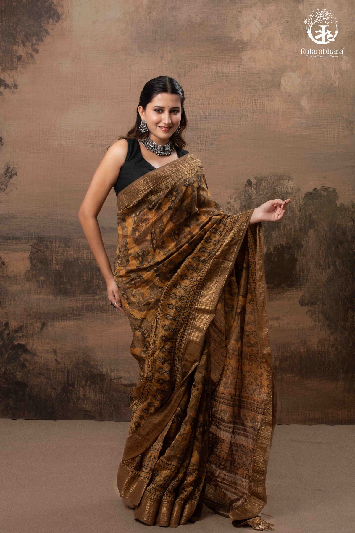 Ushraa - Burnt Ochre Ajrakh  Cotton Silk Saree With Gold Zari Border
