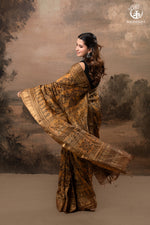 Ushraa - Burnt Ochre Ajrakh Cotton Silk Saree With Gold Zari Border-RUTAMBHARA-RUTAMBHARA