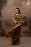 Ushraa - Burnt Ochre Ajrakh  Cotton Silk Saree With Gold Zari Border