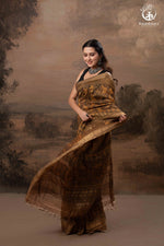 Ushraa - Burnt Ochre Ajrakh Cotton Silk Saree With Gold Zari Border-RUTAMBHARA-RUTAMBHARA