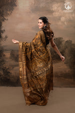 Ushraa - Burnt Ochre Ajrakh Cotton Silk Saree With Gold Zari Border-RUTAMBHARA-RUTAMBHARA