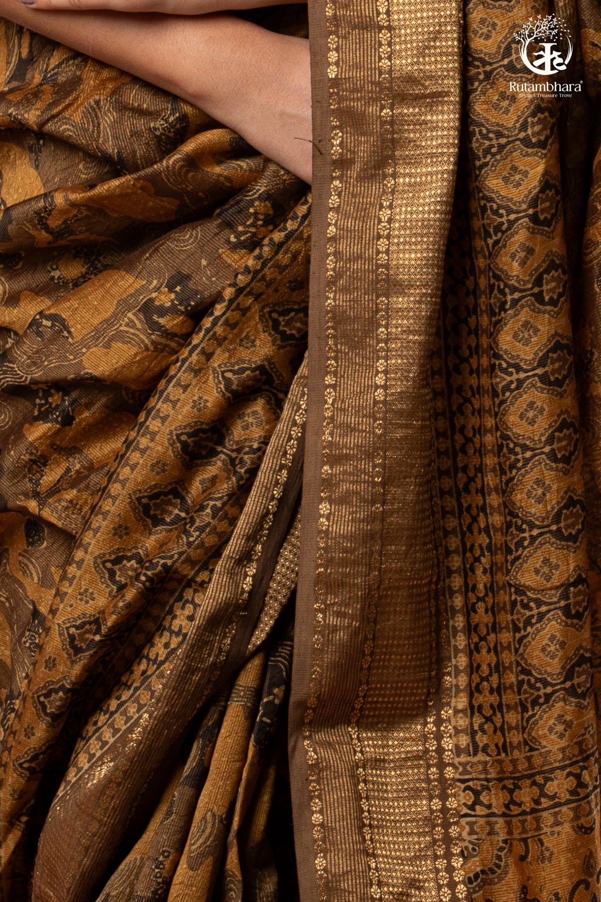 Ushraa - Burnt Ochre Ajrakh  Cotton Silk Saree With Gold Zari Border