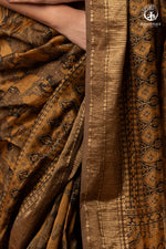 Ushraa - Burnt Ochre Ajrakh Cotton Silk Saree With Gold Zari Border-RUTAMBHARA-RUTAMBHARA