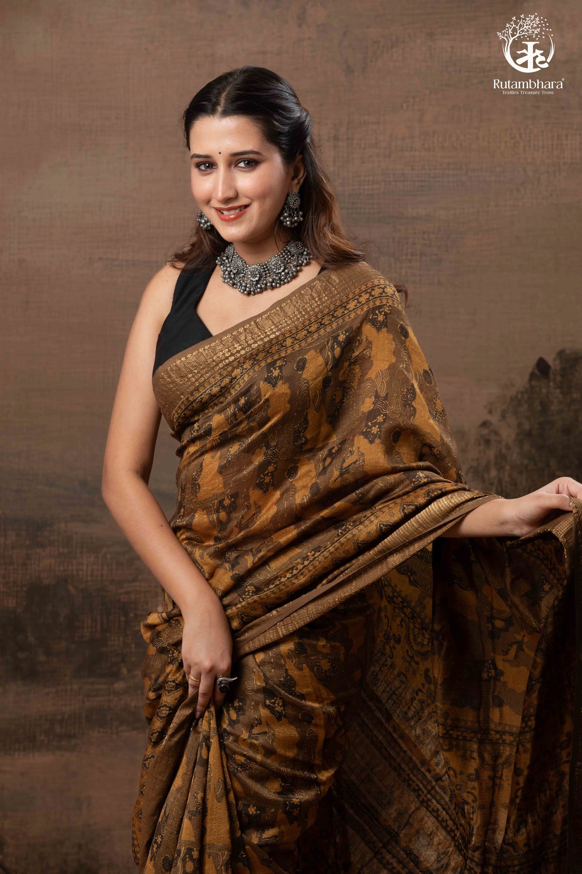 Ushraa - Burnt Ochre Ajrakh  Cotton Silk Saree With Gold Zari Border