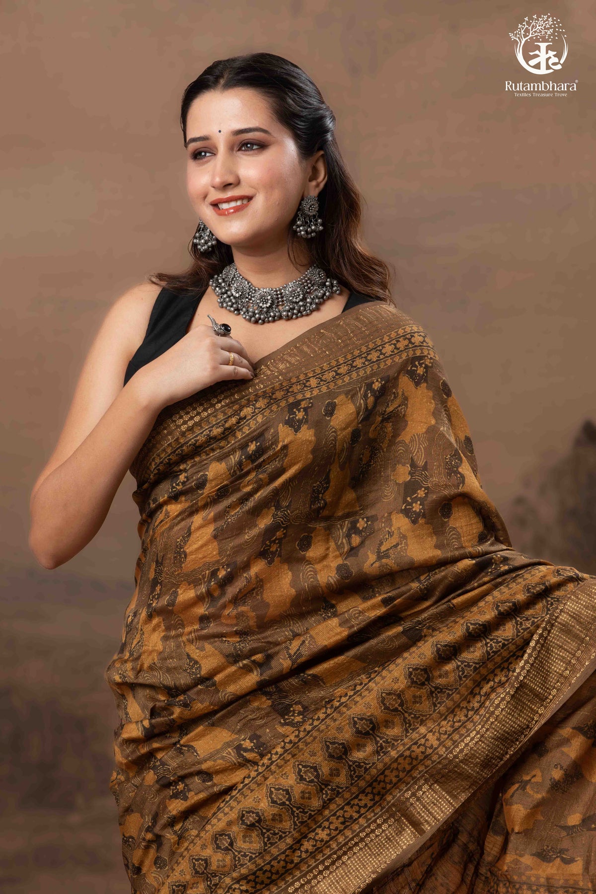 Ushraa - Burnt Ochre Ajrakh  Cotton Silk Saree With Gold Zari Border