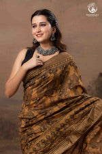 Ushraa - Burnt Ochre Ajrakh Cotton Silk Saree With Gold Zari Border-RUTAMBHARA-RUTAMBHARA