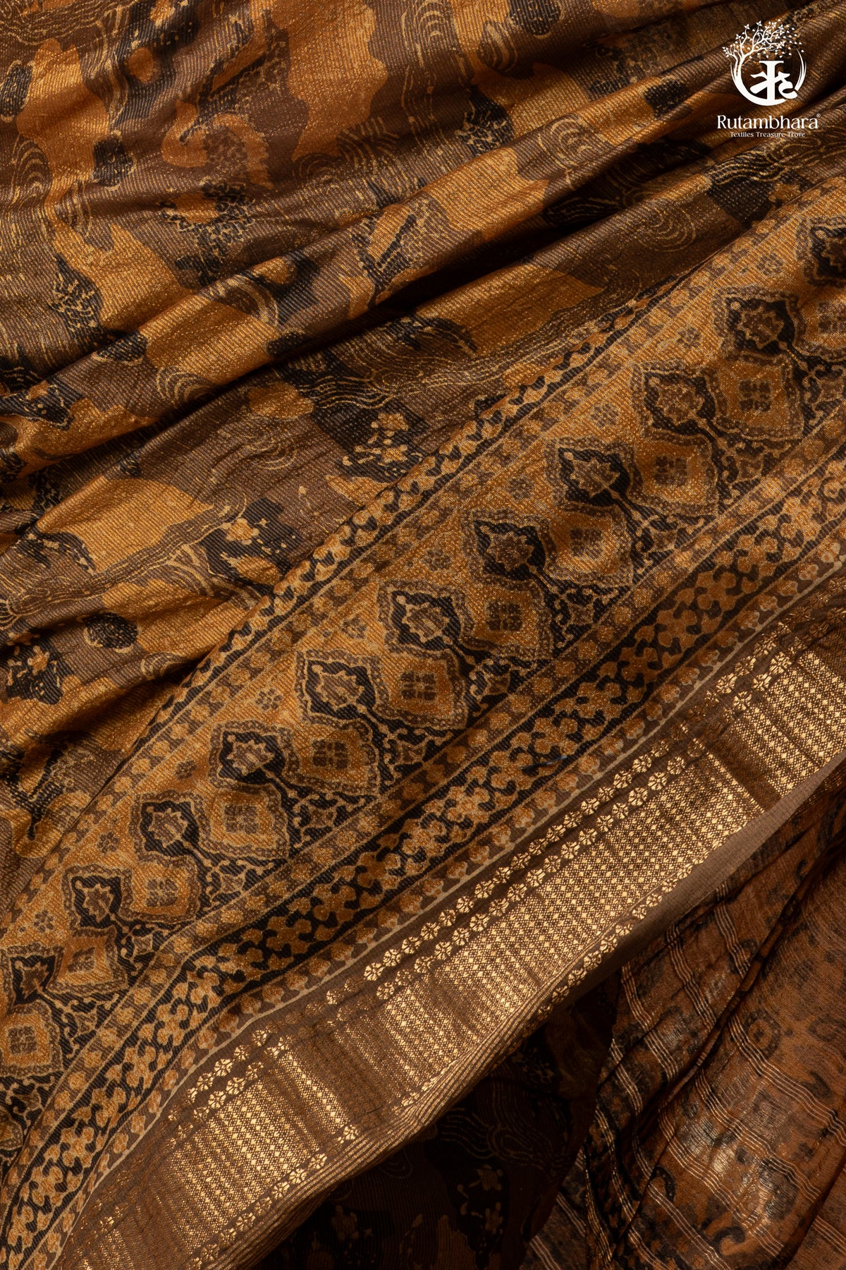 Ushraa - Burnt Ochre Ajrakh  Cotton Silk Saree With Gold Zari Border
