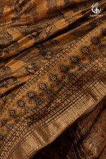 Ushraa - Burnt Ochre Ajrakh Cotton Silk Saree With Gold Zari Border-RUTAMBHARA-RUTAMBHARA