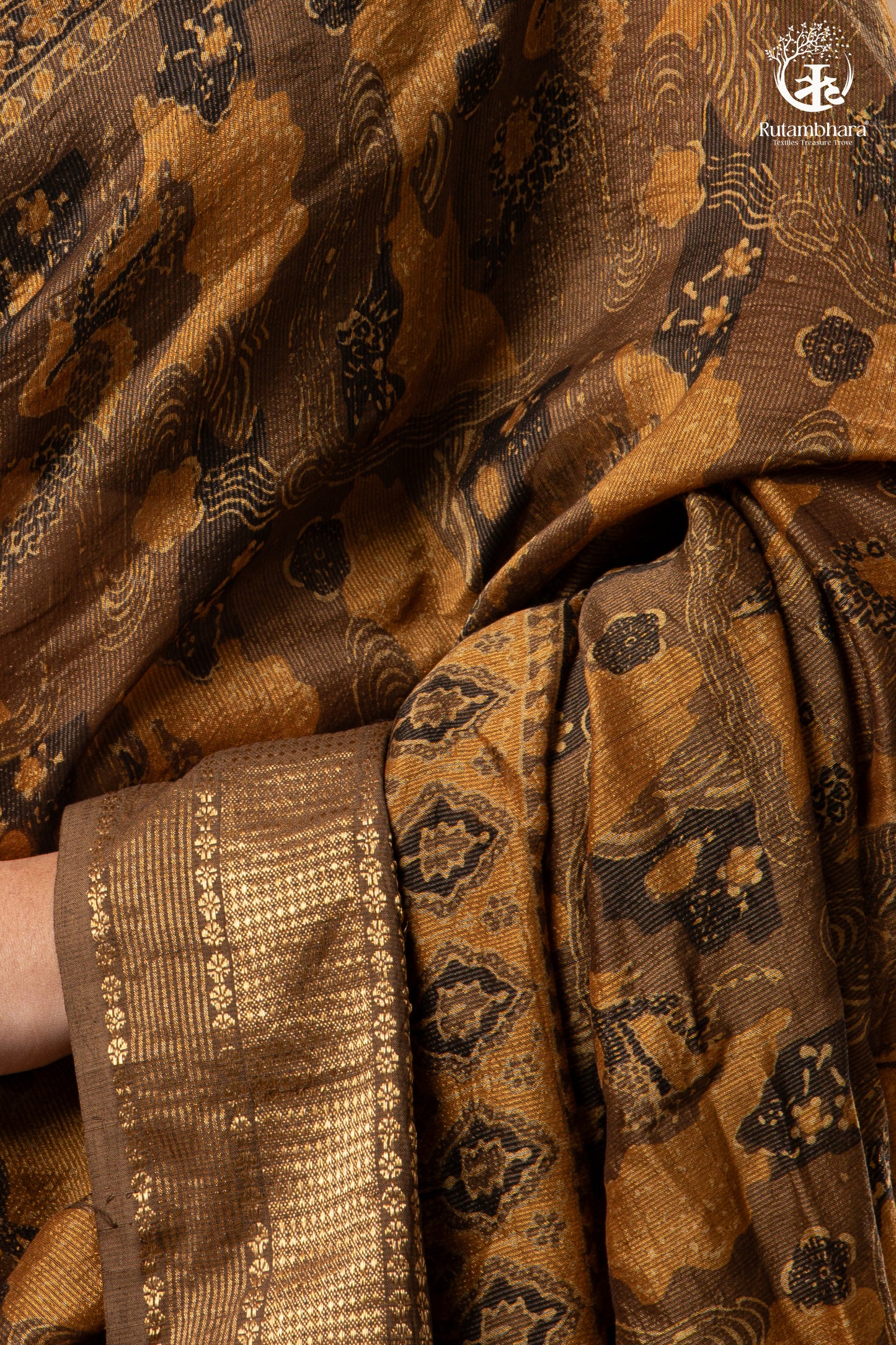 Ushraa - Burnt Ochre Ajrakh  Cotton Silk Saree With Gold Zari Border