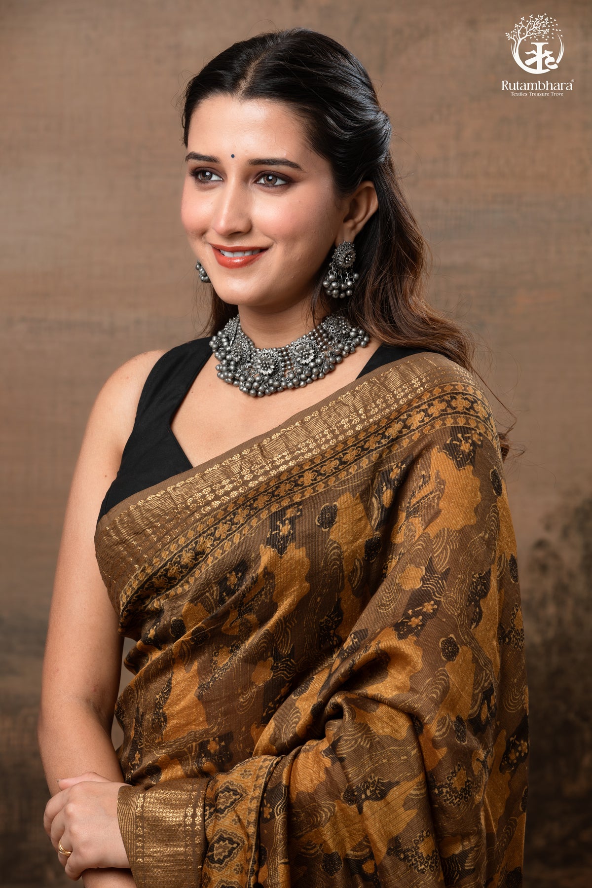 Ushraa - Burnt Ochre Ajrakh  Cotton Silk Saree With Gold Zari Border
