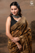 Ushraa - Burnt Ochre Ajrakh Cotton Silk Saree With Gold Zari Border-RUTAMBHARA-RUTAMBHARA