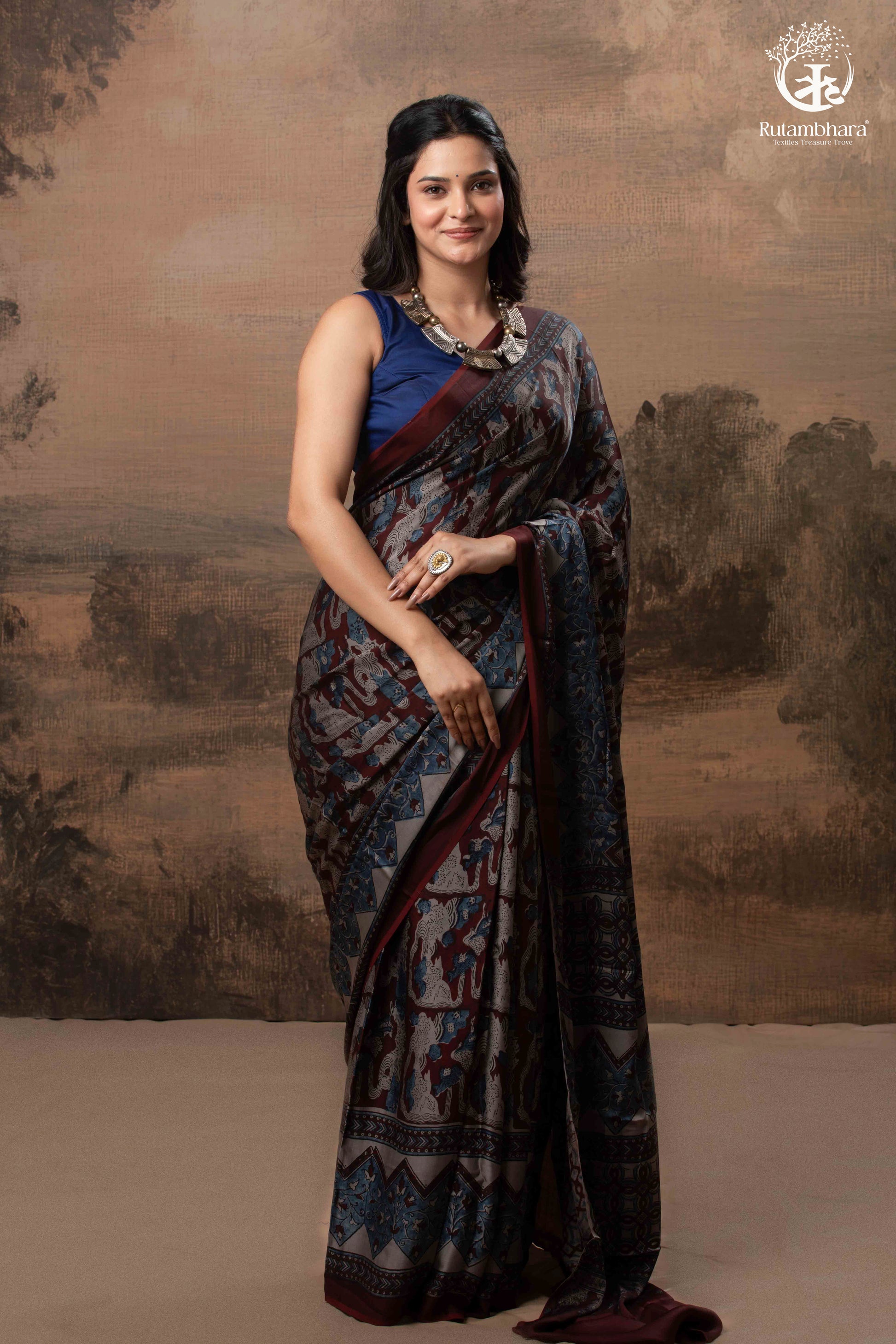 Ushraa - Grey Maroon Handcrafted Ajrakh Modal Silk Saree-RUTAMBHARA-RUTAMBHARA