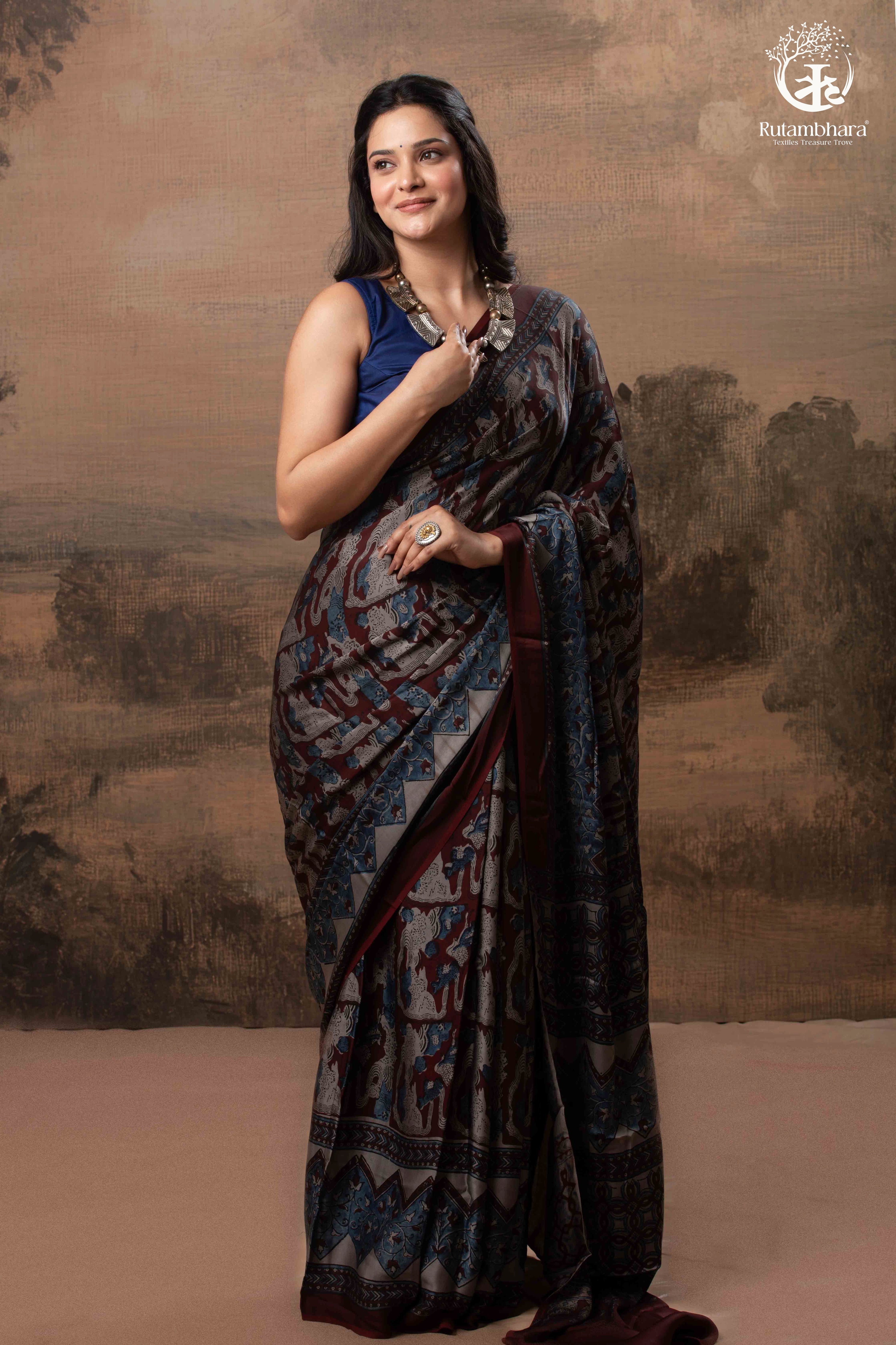 Ushraa - Grey Maroon Handcrafted Ajrakh Modal Silk Saree