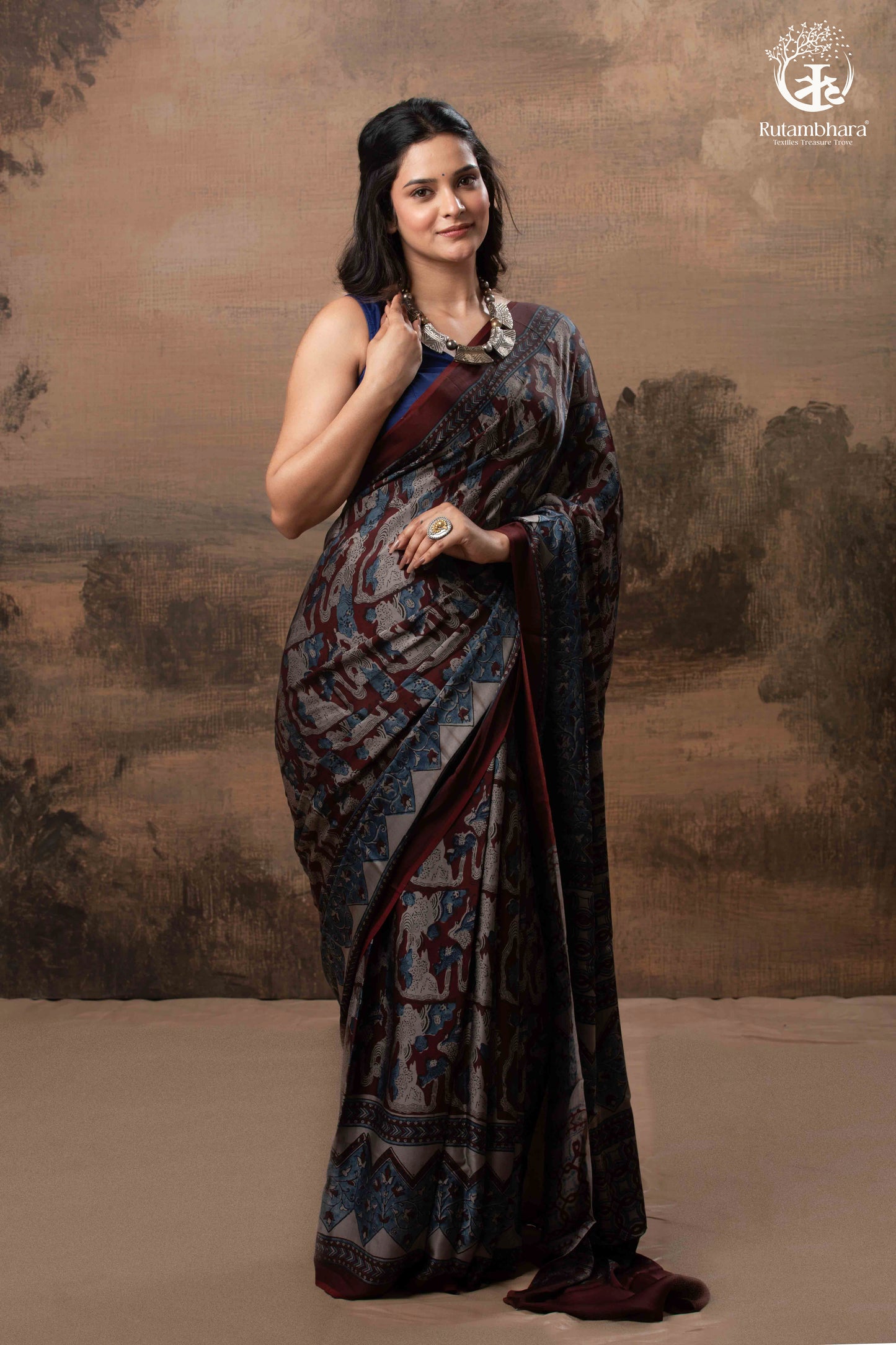 Ushraa - Grey Maroon Handcrafted Ajrakh Modal Silk Saree
