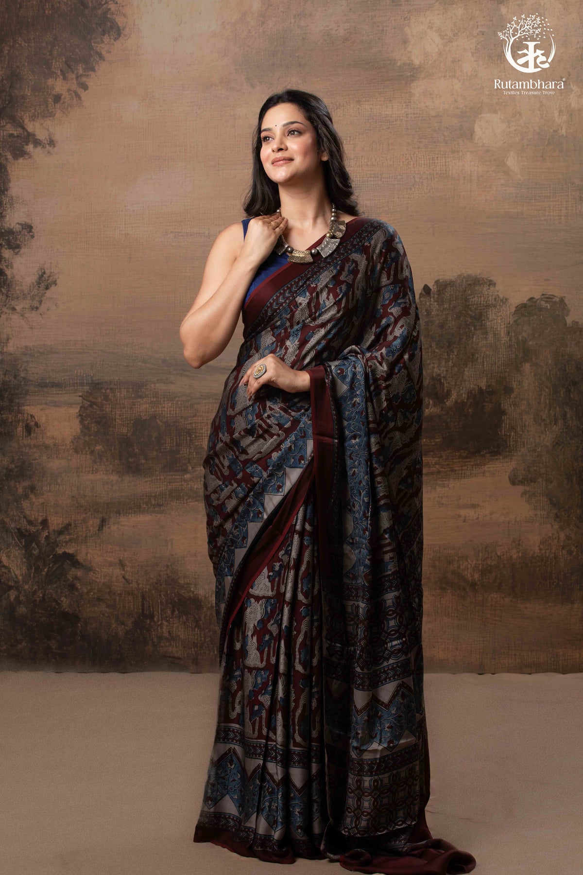 Ushraa - Grey Maroon Handcrafted Ajrakh Modal Silk Saree