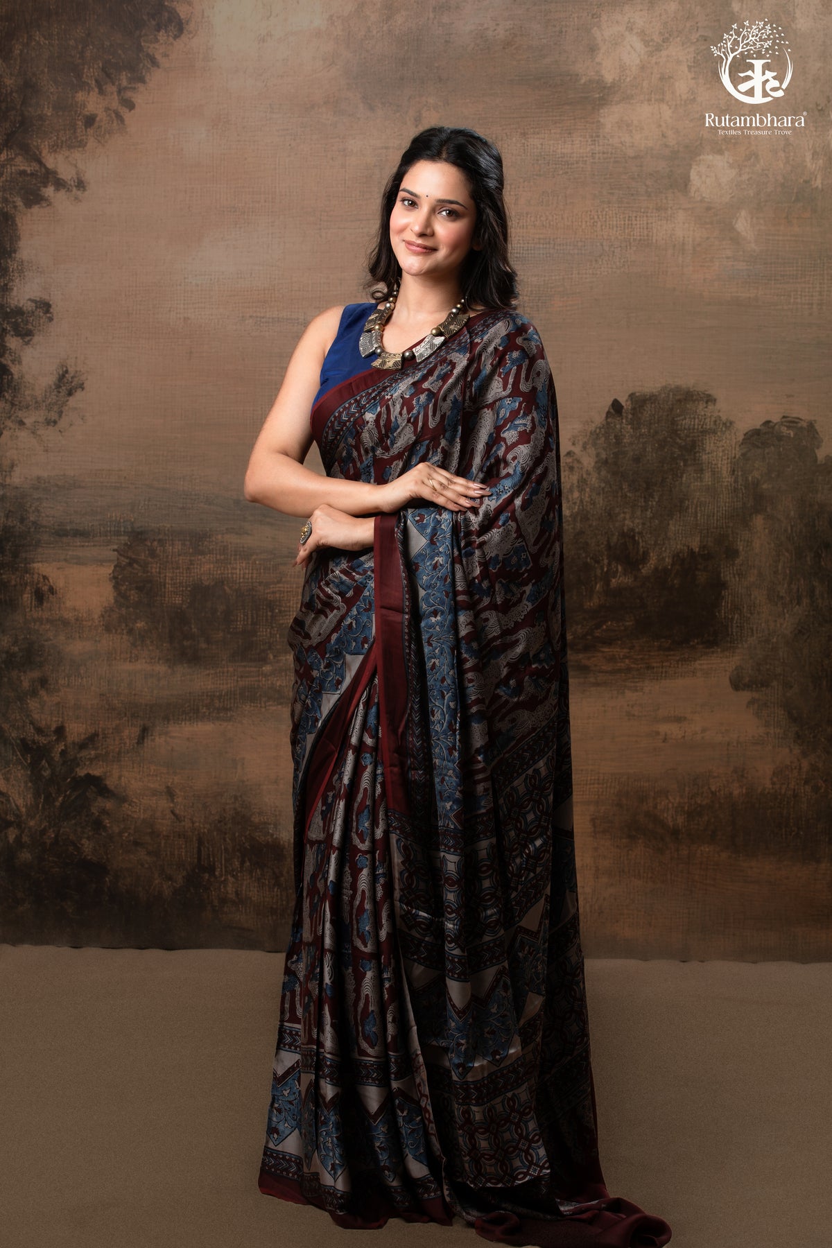 Ushraa - Grey Maroon Handcrafted Ajrakh Modal Silk Saree