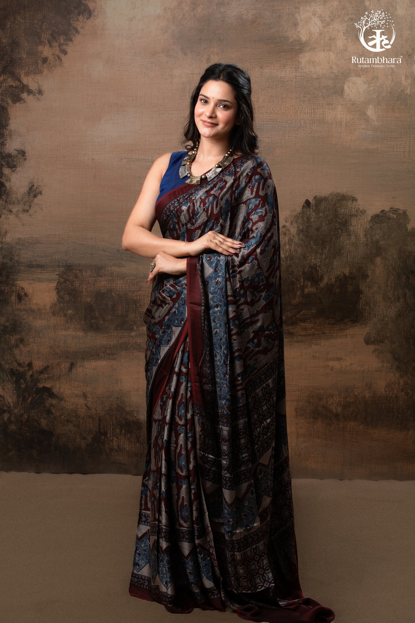 Ushraa - Grey Maroon Handcrafted Ajrakh Modal Silk Saree