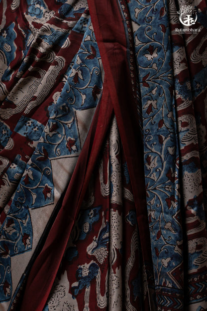 Ushraa - Grey Maroon Handcrafted Ajrakh Modal Silk Saree-RUTAMBHARA-RUTAMBHARA