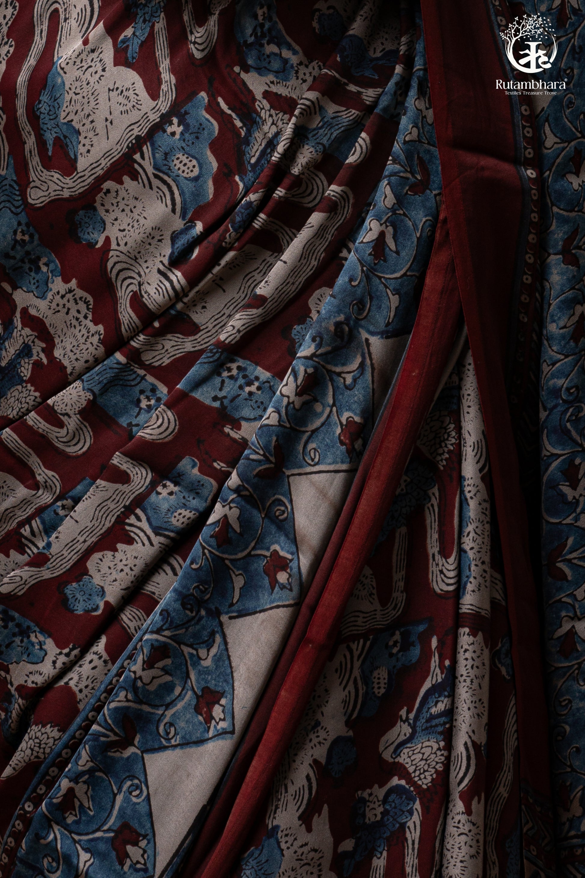 Ushraa - Grey Maroon Handcrafted Ajrakh Modal Silk Saree-RUTAMBHARA-RUTAMBHARA