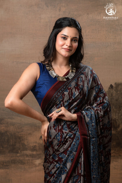 Ushraa - Grey Maroon Handcrafted Ajrakh Modal Silk Saree-RUTAMBHARA-RUTAMBHARA