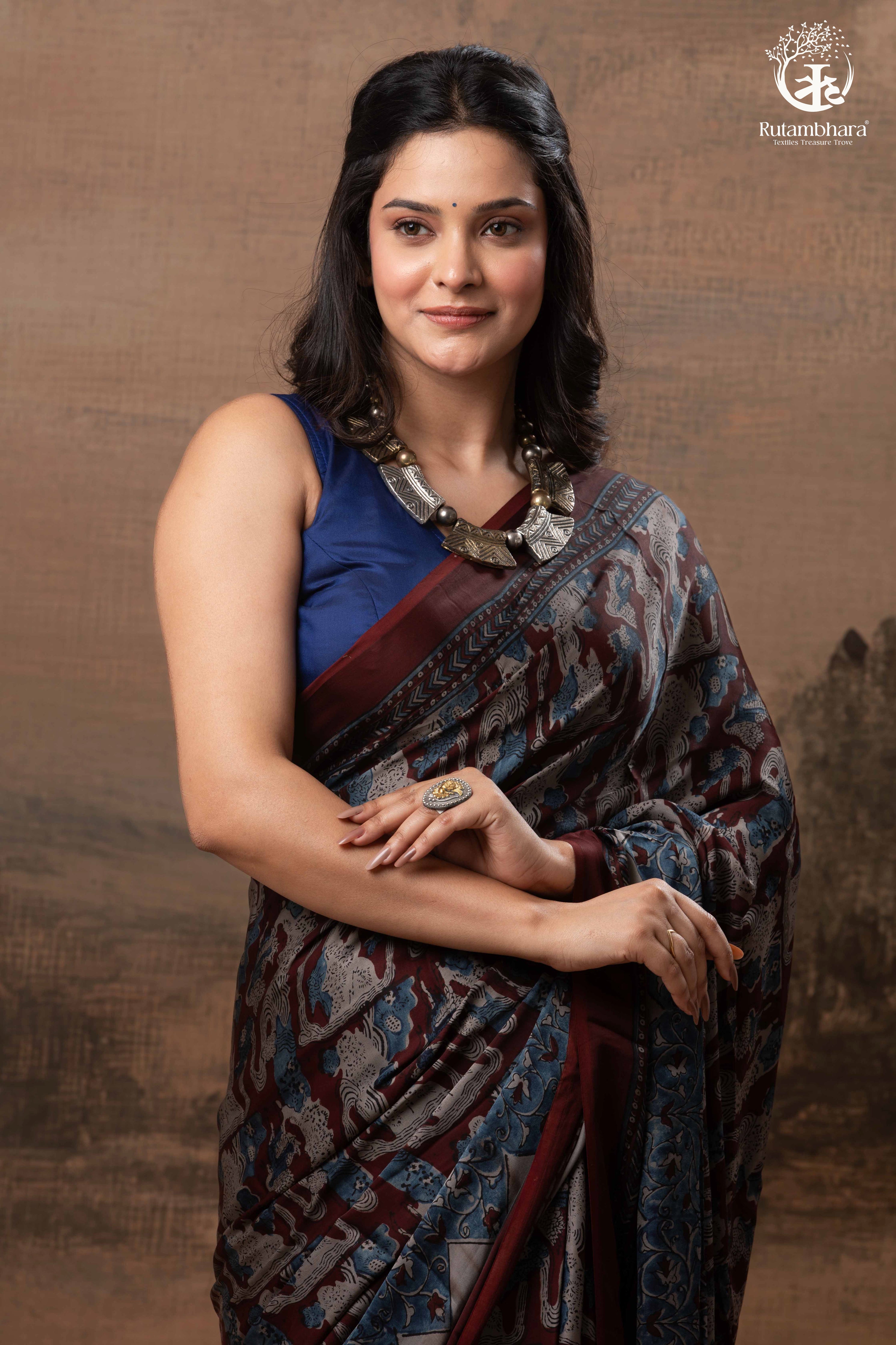 Ushraa - Grey Maroon Handcrafted Ajrakh Modal Silk Saree
