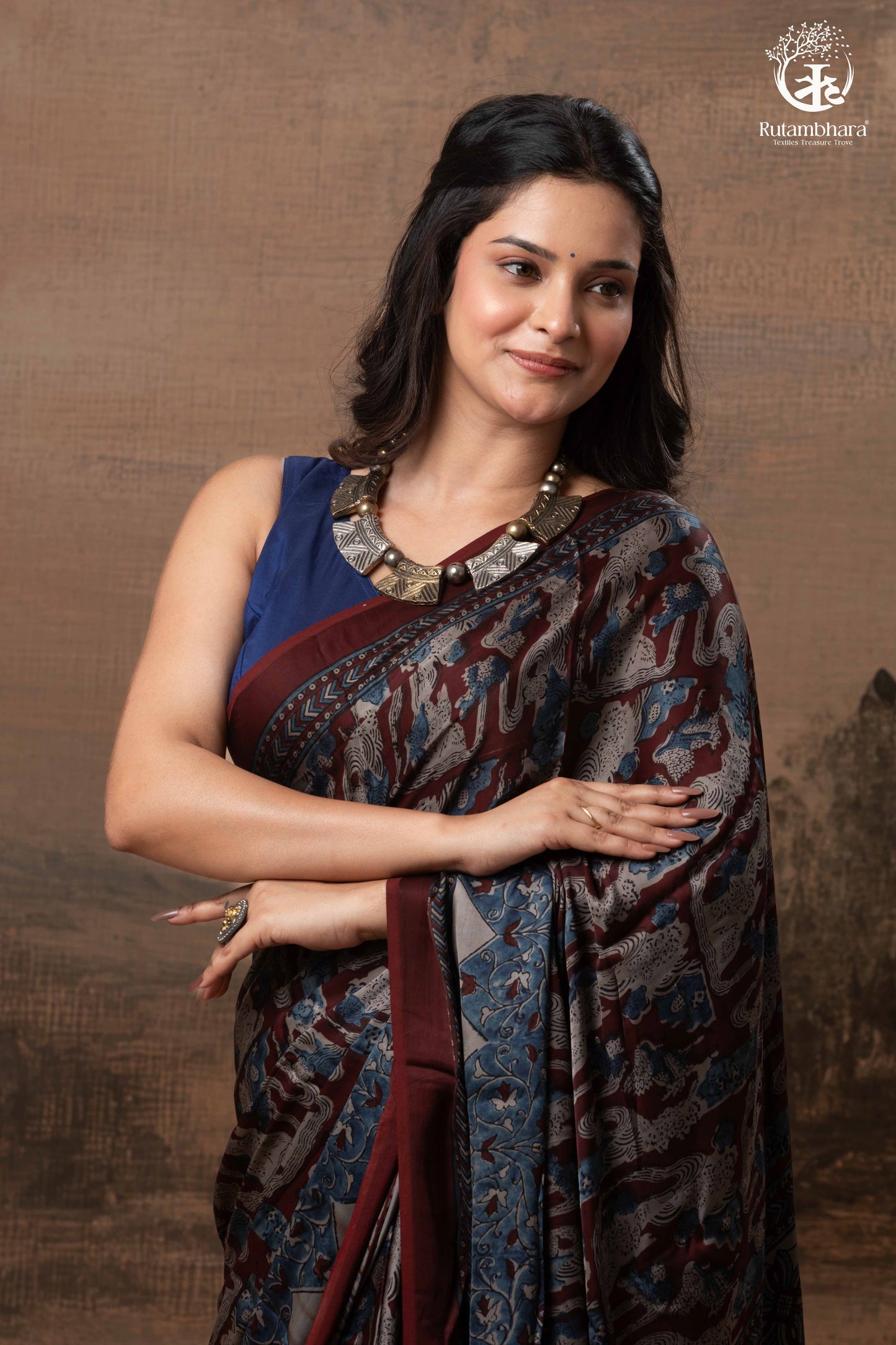 Ushraa - Grey Maroon Handcrafted Ajrakh Modal Silk Saree