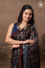 Ushraa - Grey Maroon Handcrafted Ajrakh Modal Silk Saree-RUTAMBHARA-RUTAMBHARA