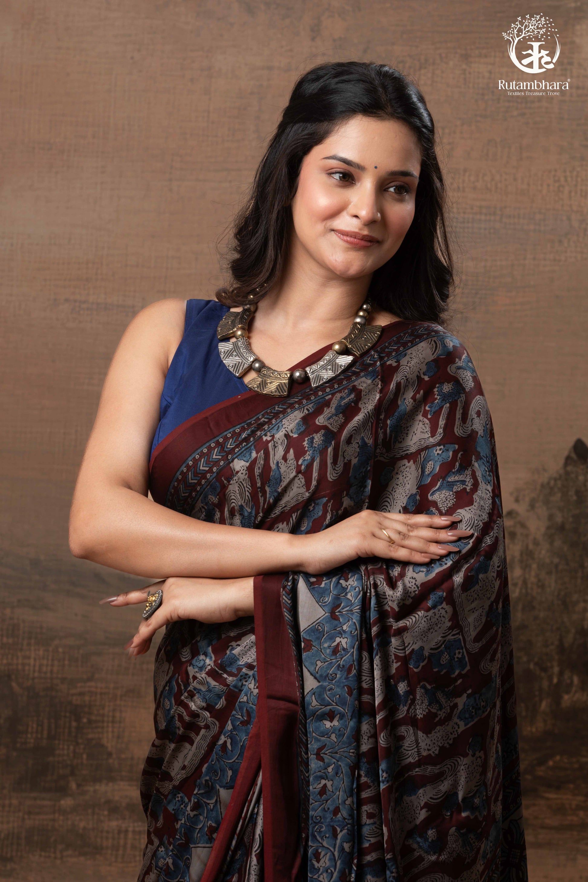 Ushraa - Grey Maroon Handcrafted Ajrakh Modal Silk Saree-RUTAMBHARA-RUTAMBHARA