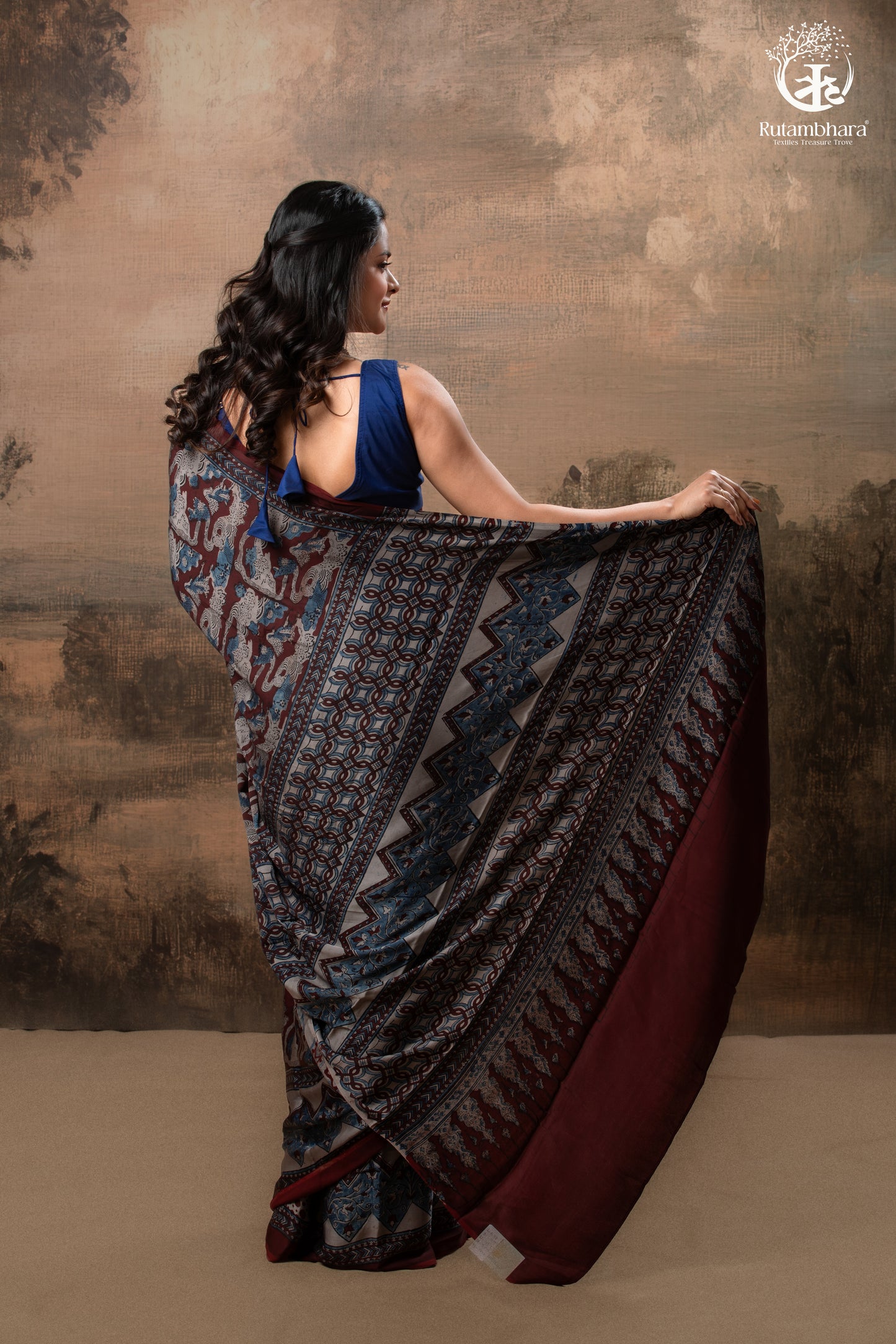 Ushraa - Grey Maroon Handcrafted Ajrakh Modal Silk Saree
