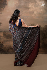 Ushraa - Grey Maroon Handcrafted Ajrakh Modal Silk Saree-RUTAMBHARA-RUTAMBHARA