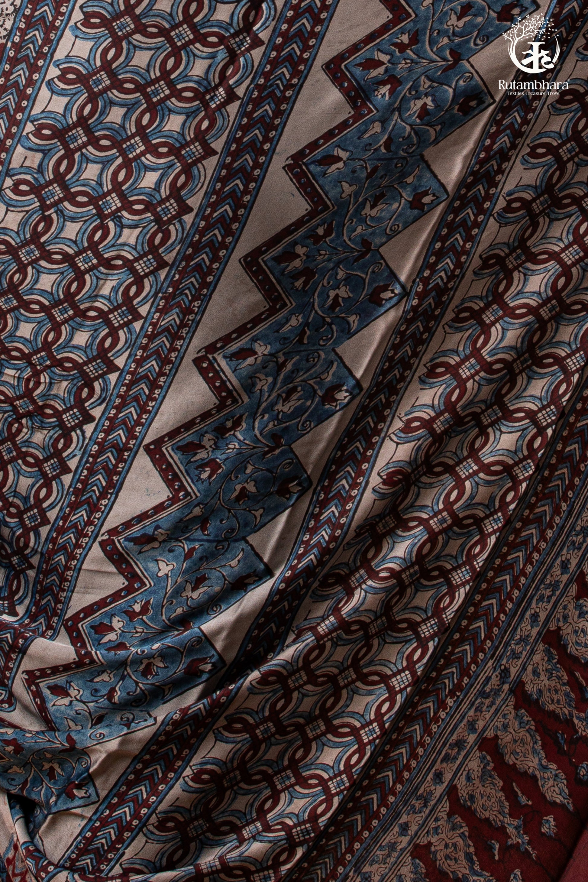 Ushraa - Grey Maroon Handcrafted Ajrakh Modal Silk Saree-RUTAMBHARA-RUTAMBHARA