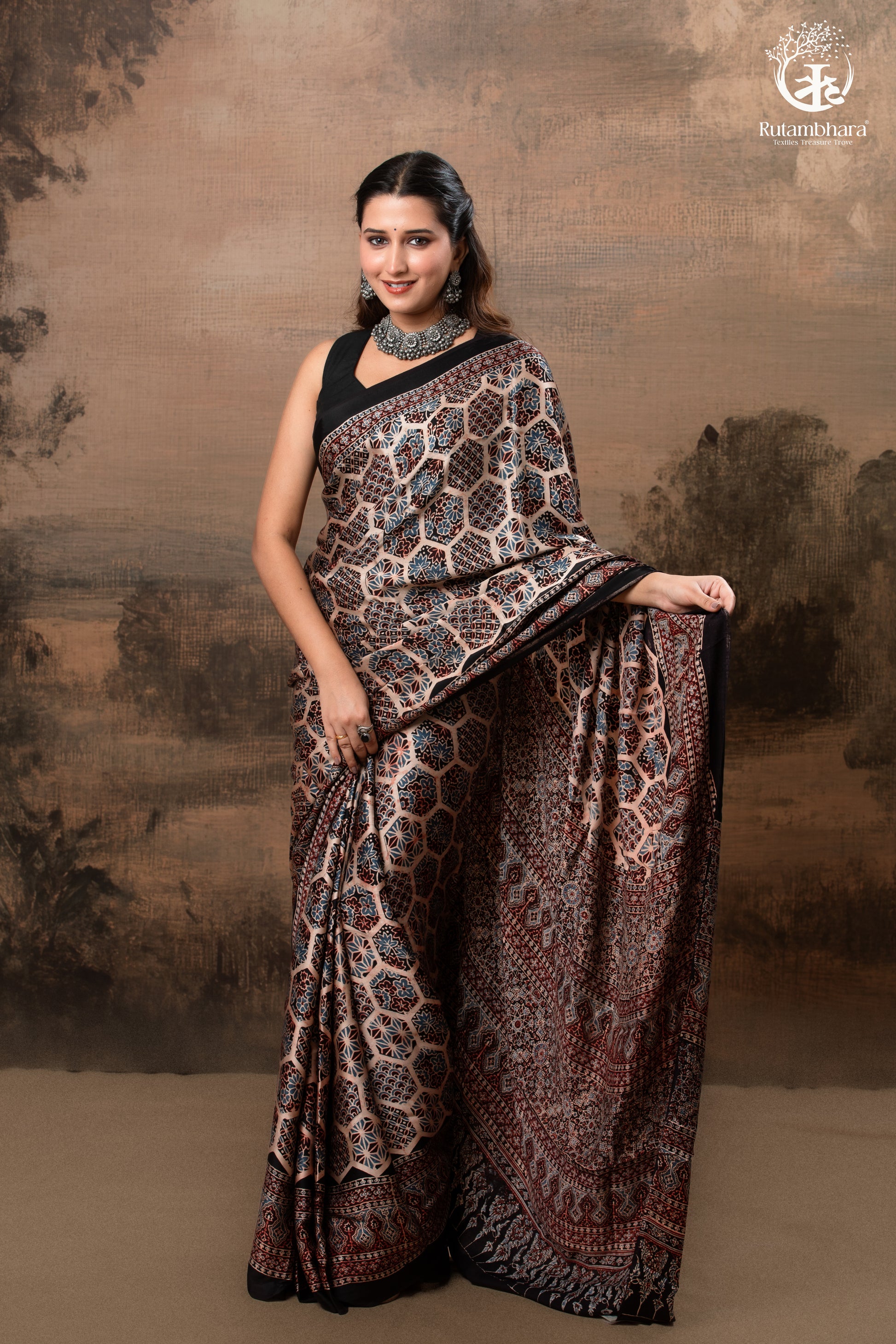 Ushraa - Blush Beige Handcrafted Ajrakh Modal Silk Saree-RUTAMBHARA -RUTAMBHARA
