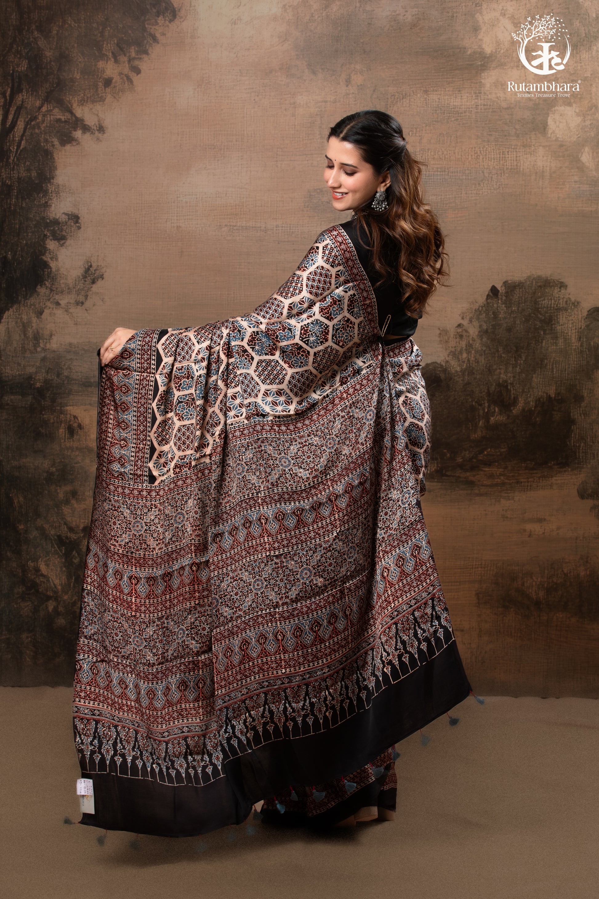 Ushraa - Blush Beige Handcrafted Ajrakh Modal Silk Saree-RUTAMBHARA -RUTAMBHARA