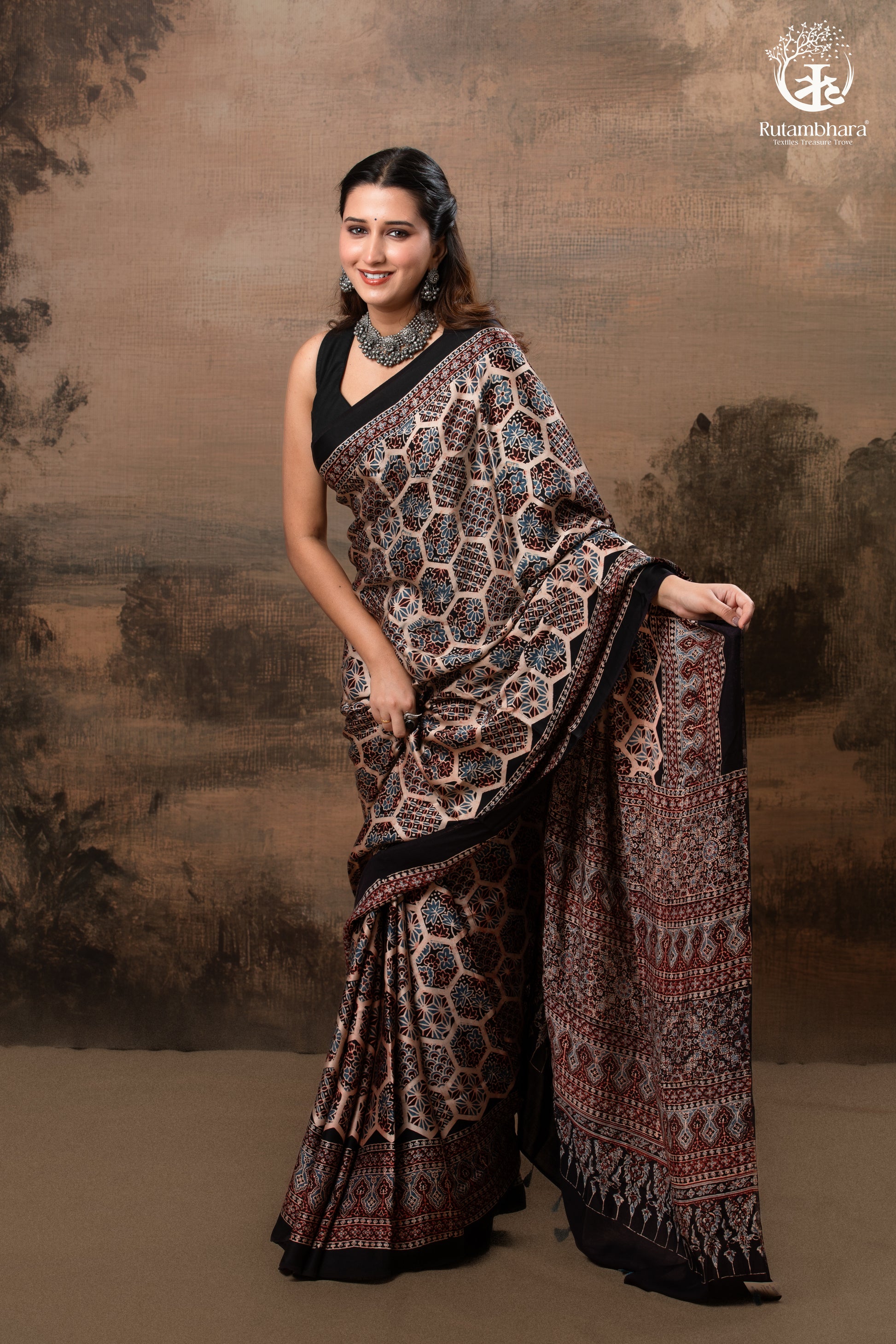 Ushraa - Blush Beige Handcrafted Ajrakh Modal Silk Saree-RUTAMBHARA -RUTAMBHARA