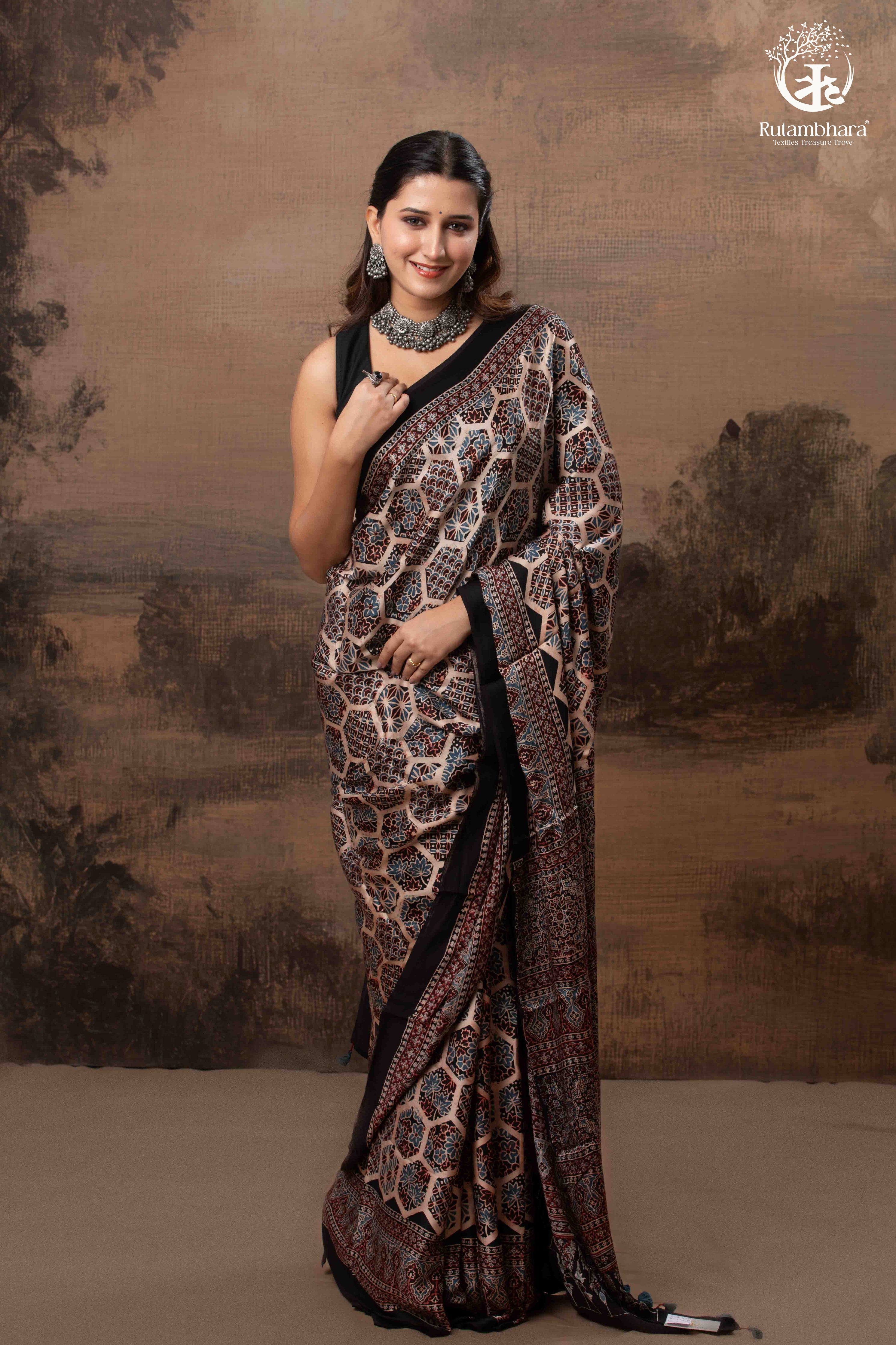 Ushraa - Blush Beige Handcrafted Ajrakh Modal Silk Saree