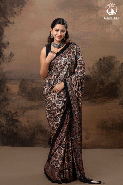 Ushraa - Blush Beige Handcrafted Ajrakh Modal Silk Saree-RUTAMBHARA -RUTAMBHARA