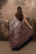 Ushraa - Blush Beige Handcrafted Ajrakh Modal Silk Saree-RUTAMBHARA -RUTAMBHARA