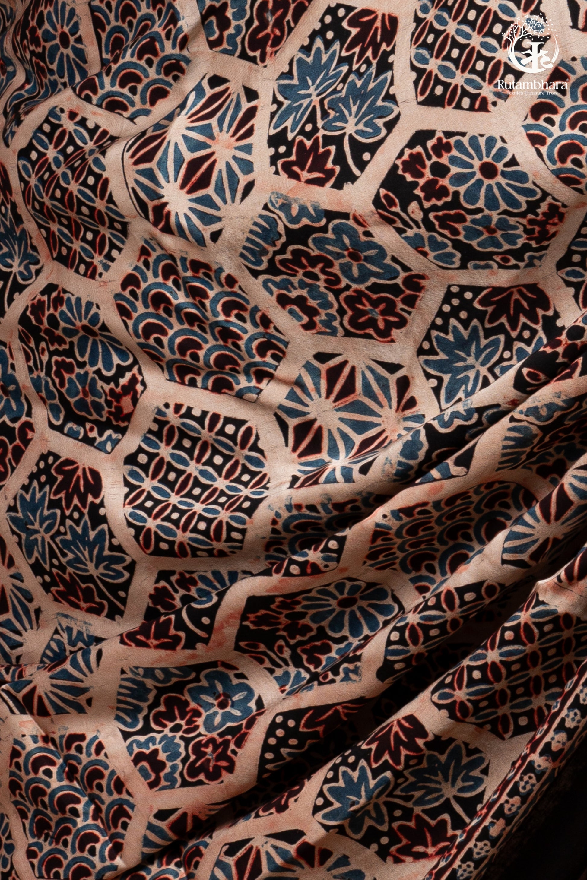 Ushraa - Blush Beige Handcrafted Ajrakh Modal Silk Saree-RUTAMBHARA -RUTAMBHARA