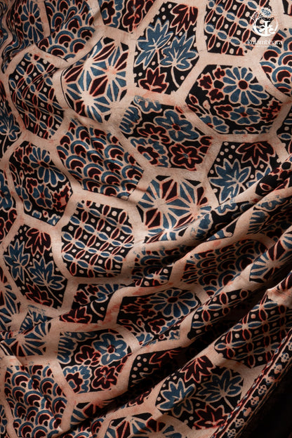 Ushraa - Blush Beige Handcrafted Ajrakh Modal Silk Saree-RUTAMBHARA -RUTAMBHARA