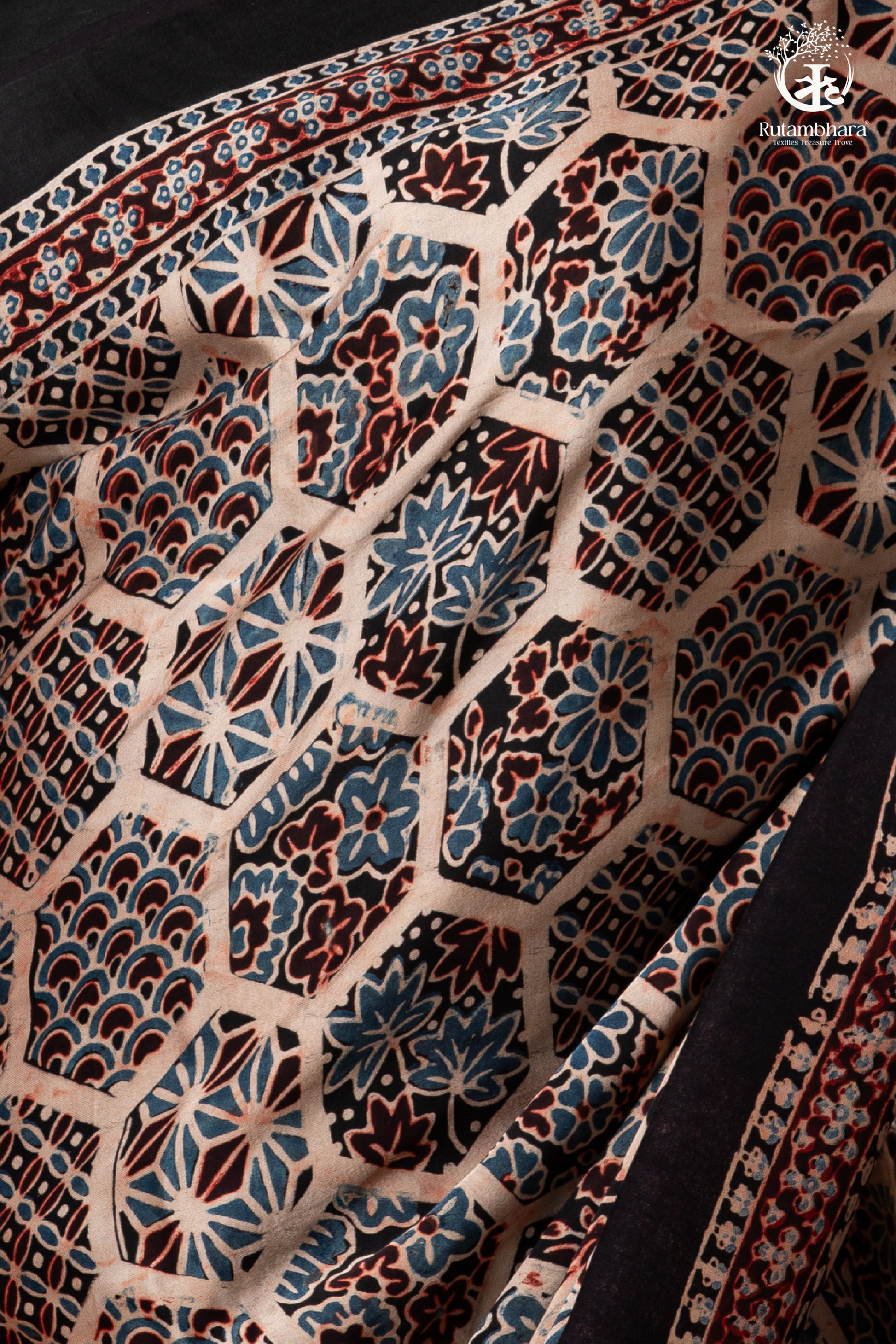 Ushraa - Blush Beige Handcrafted Ajrakh Modal Silk Saree-RUTAMBHARA -RUTAMBHARA