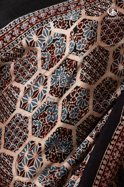 Ushraa - Blush Beige Handcrafted Ajrakh Modal Silk Saree-RUTAMBHARA -RUTAMBHARA