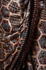 Ushraa - Blush Beige Handcrafted Ajrakh Modal Silk Saree-RUTAMBHARA -RUTAMBHARA