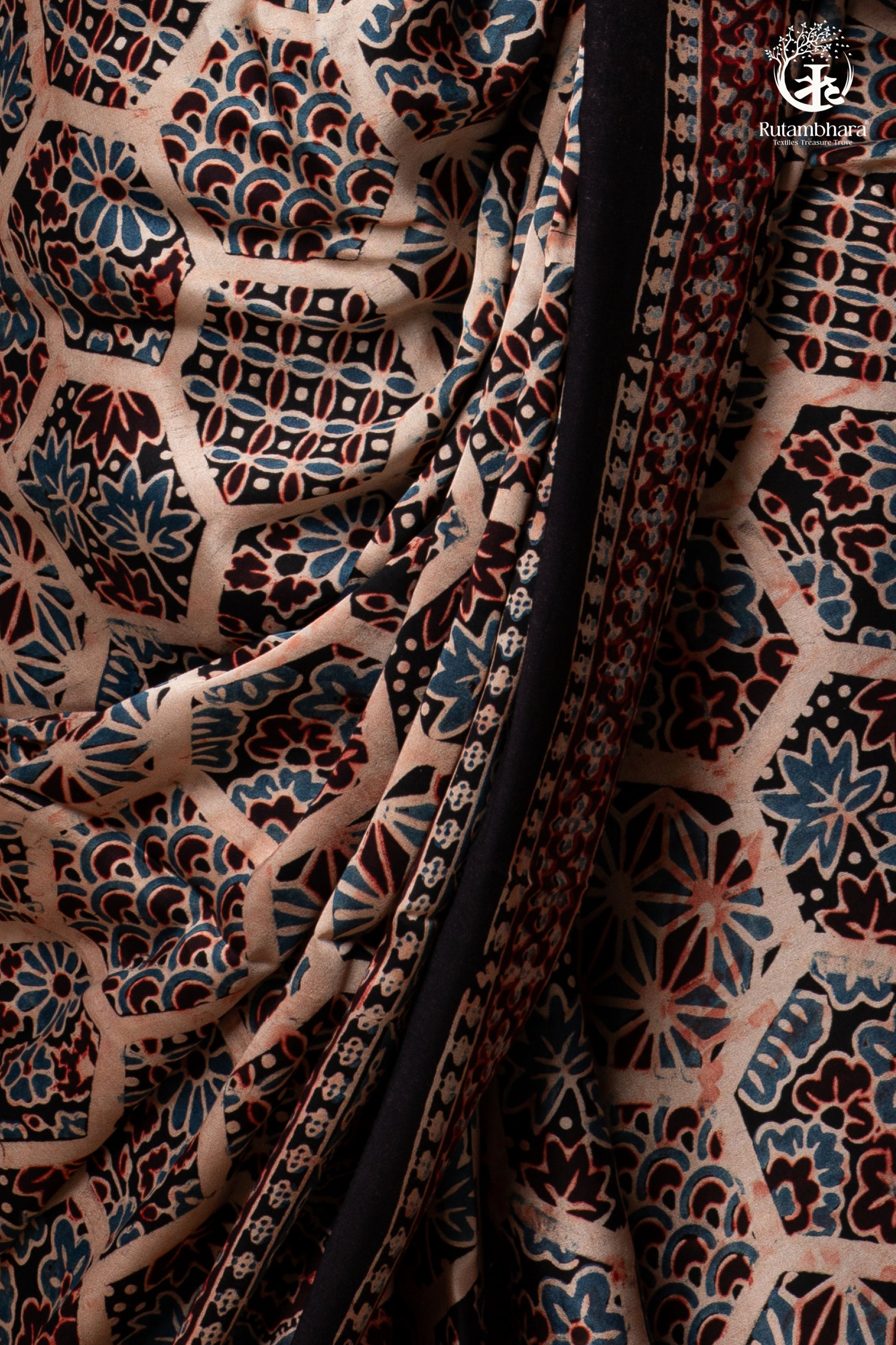 Ushraa - Blush Beige Handcrafted Ajrakh Modal Silk Saree-RUTAMBHARA -RUTAMBHARA