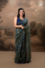 Ushraa - Indigo Ajrakh Print Kota Silk Cotton Saree with Subtle Zari Charm-RUTAMBHARA -RUTAMBHARA