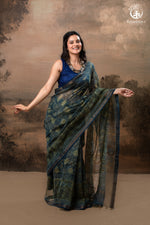 Ushraa - Indigo Ajrakh Print Kota Silk Cotton Saree with Subtle Zari Charm-RUTAMBHARA -RUTAMBHARA