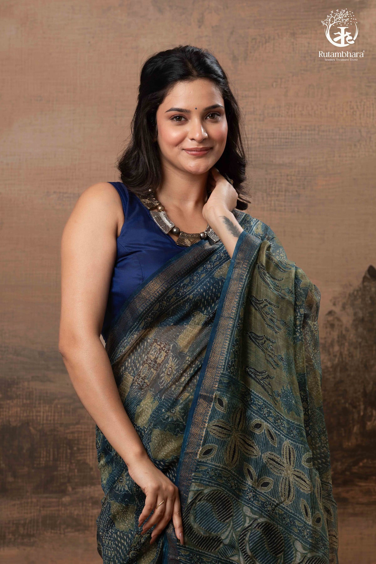 Ushraa - Indigo Ajrakh Print Kota Silk Cotton Saree with Subtle Zari Charm