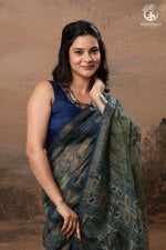 Ushraa - Indigo Ajrakh Print Kota Silk Cotton Saree with Subtle Zari Charm-RUTAMBHARA -RUTAMBHARA