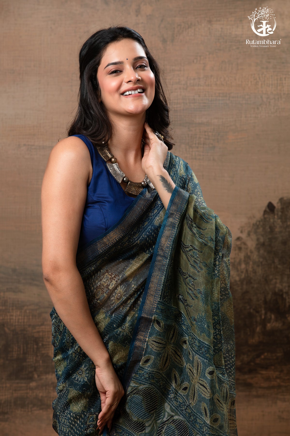 Ushraa - Indigo Ajrakh Print Kota Silk Cotton Saree with Subtle Zari Charm