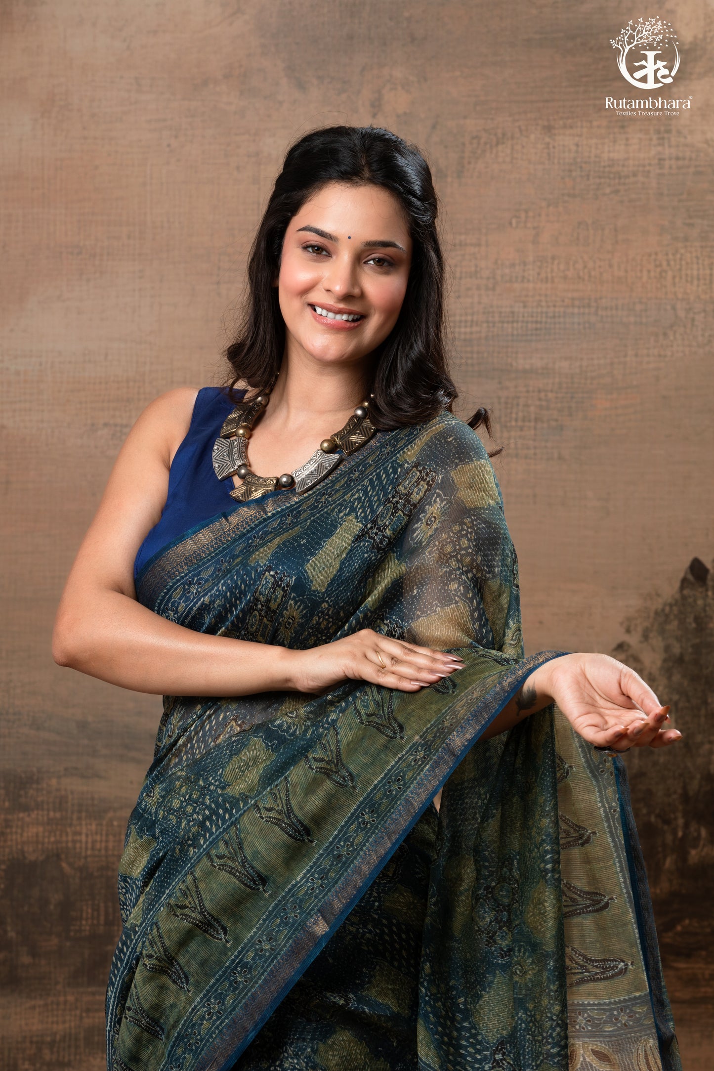 Ushraa - Indigo Ajrakh Print Kota Silk Cotton Saree with Subtle Zari Charm