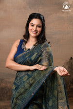 Ushraa - Indigo Ajrakh Print Kota Silk Cotton Saree with Subtle Zari Charm-RUTAMBHARA -RUTAMBHARA